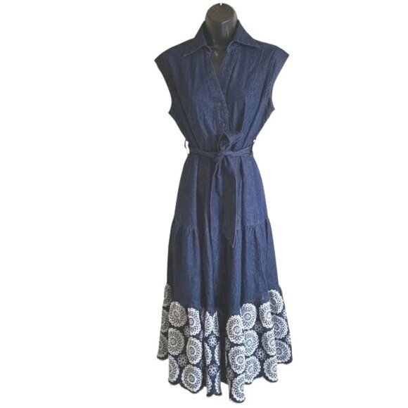 Soliataire Dresses & Skirts - Solitaire Denim Sleeveless Button Down Belted Midi Jean Dress XS